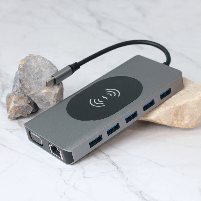 Adapter Type C na LAN Gb, Wireless PC, SD card, TF, Type C, 3xUSB 3.0, 2xUSB 2.0, Audio, 2xHDMI i VGA 14 u 1 20cm kabl