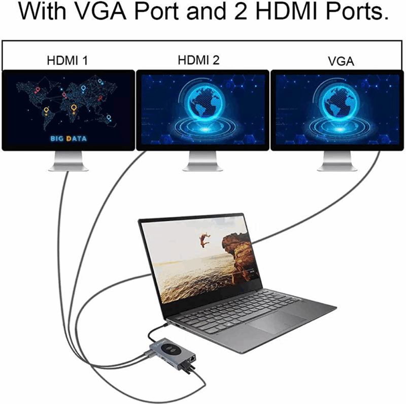 Adapter Type C na LAN Gb, Wireless PC, SD card, TF, Type C, 3xUSB 3.0, 2xUSB 2.0, Audio, 2xHDMI i VGA 14 u 1 20cm kabl