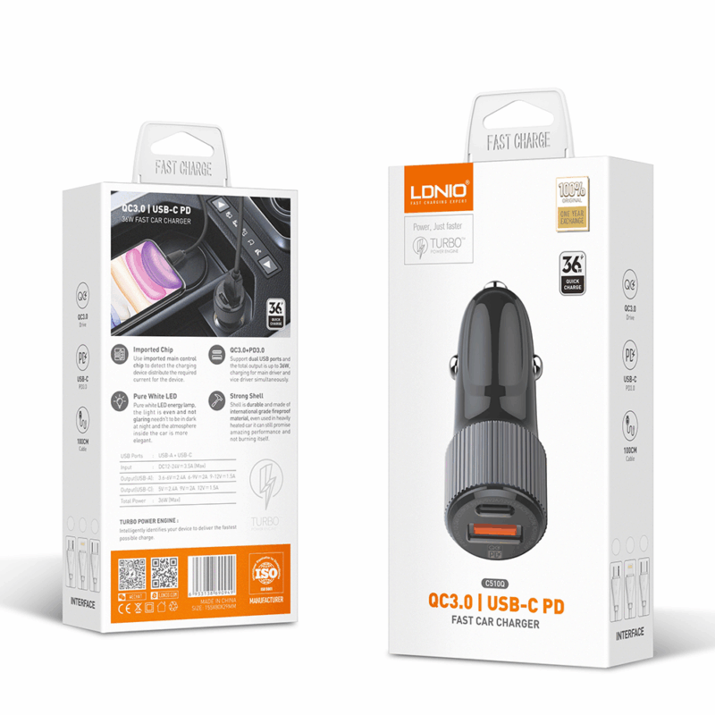 Auto punjac LDNIO C510Q PD/QC3.0 36W sa Type C kablom