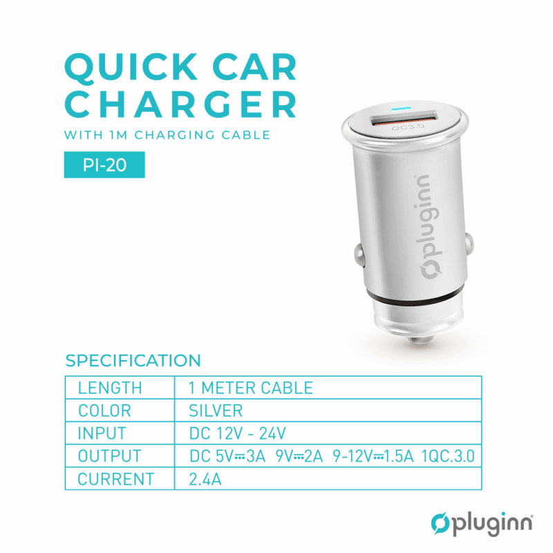Auto punjac Pluginn PI-20 QC 3.0, 3A, 18W, srebrni