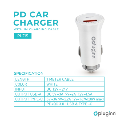 Auto punjac Pluginn PI-21S, PD 20W, QC 3.0 18W, beli - Image 2