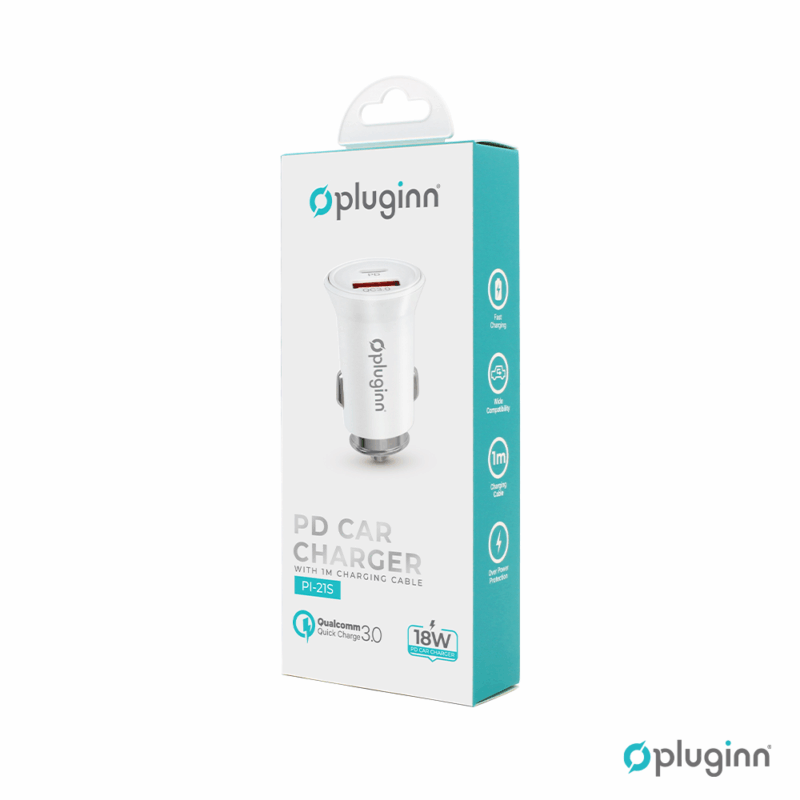Auto punjac Pluginn PI-21S, PD 20W, QC 3.0 18W, sa lightning kablom beli