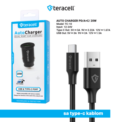 Auto punjac Teracell Evolution TC-10 PD 20W, USB QC3.0 15W sa Type C kablom crni - Image 3