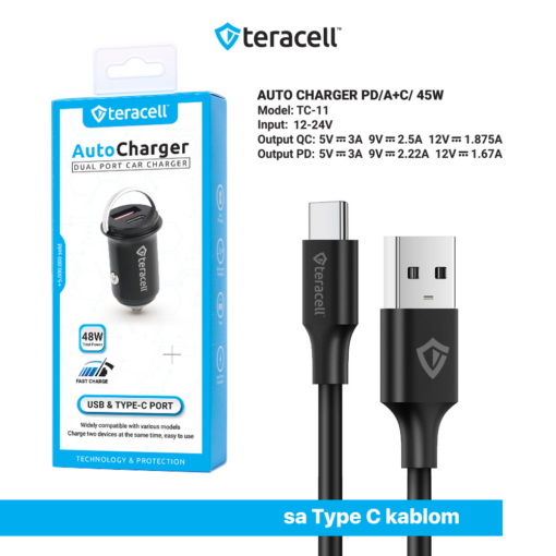 Auto punjac Teracell Evolution TC-11 PD 22.5W + USB QC3.0 20W, 45W (total) sa Type C kablom crni - Image 3