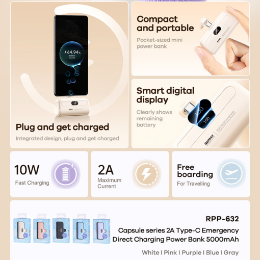 Power bank prenosiva baterija REMAX Capsule series RPP-632 2A Type C 5000mAh roze - Image 2