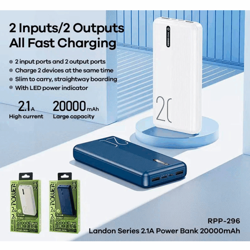 Power bank prenosiva baterija REMAX Landon RPP-296 2.1A 20000 mAh bela