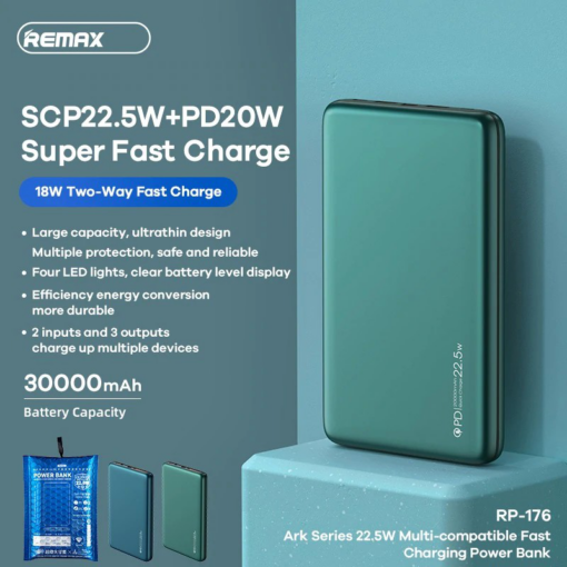 Power bank prenosiva baterija REMAX RPP-176 22.5W 30000mAh zelena - Image 2