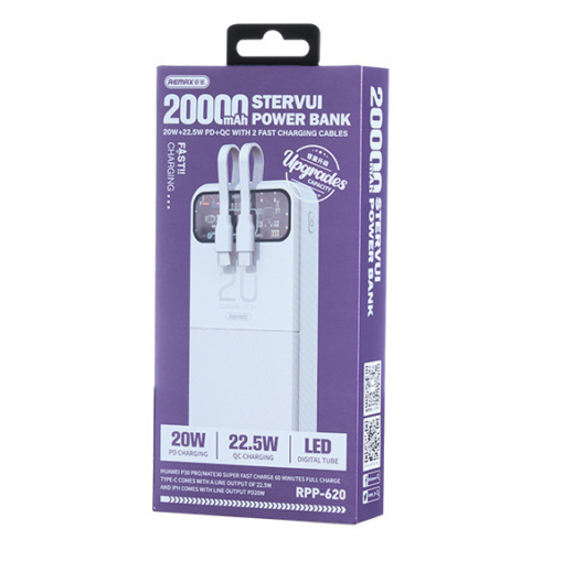 Power bank prenosiva baterija REMAX Stervui series RPP-620 PD 20W + QC 22.5W Fast Charging 20000mAh bela - Image 4