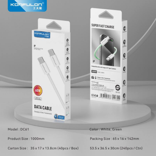 Data kabl KONFULON DC61 PD 60W Super Fast Charge za iPhone 15 Type C na Type C beli 1m - Image 4