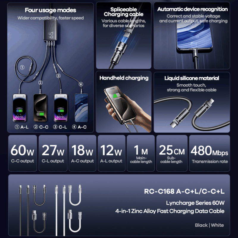 Data kabl REMAX RCC-168 Lyncharge Series 60w 4-in-1 Zinc Alloy  crni
