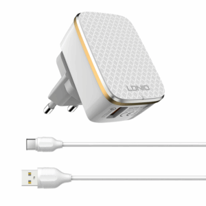 Kucni punjac LDNIO A2219 2xUSB 5V 2.4A 12W sa Type C kablom beli