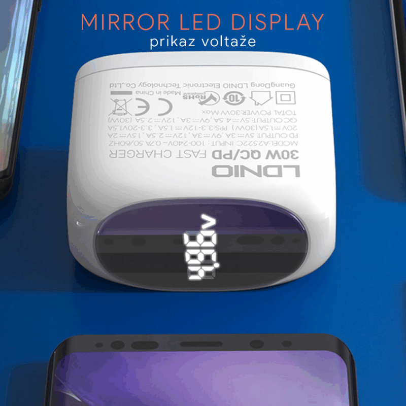 Kucni punjac LDNIO A2522C QC3.0, PD, PPS, LED Display, 30W sa Type C na Type C kablom beli