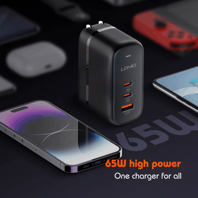 Kucni punjac sa adapterima LDNIO Q366 GaN QC3.0, 2xPD3.0 PPS 65W sa Type C na Type C kablom crni