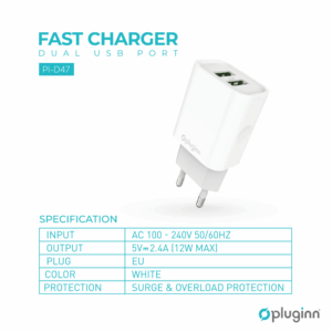 Kucni punjac Pluginn PI-D47, 5V, 2.4A, 12W 2xUSB sa lightning kablom beli CE