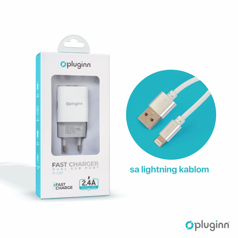 Kucni punjac Pluginn PI-D47, 5V, 2.4A, 12W 2xUSB sa lightning kablom beli CE