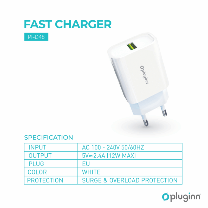 Kucni punjac Pluginn PI-D48, 5V, 2.4A, 12W sa micro USB kablom beli CE