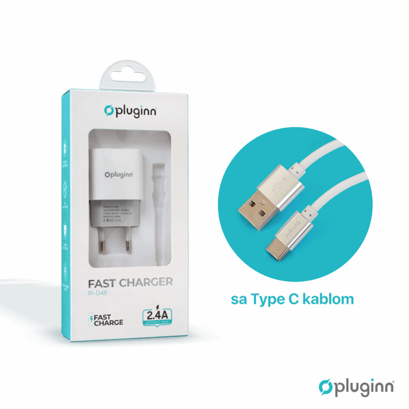 Kucni punjac Pluginn PI-D48, 5V, 2.4A, 12W sa Type C kablom beli CE