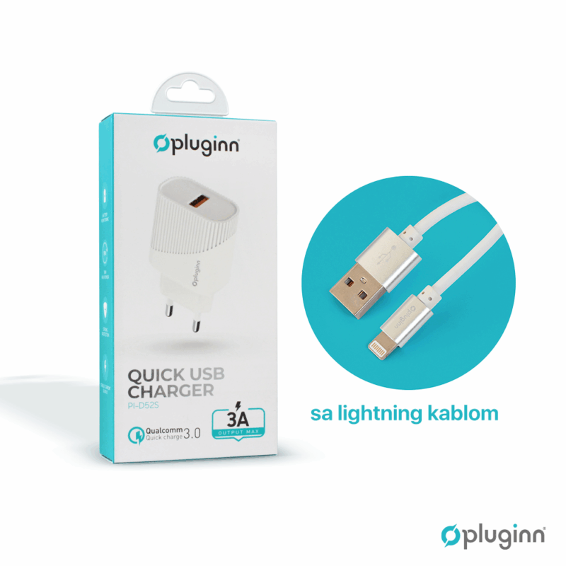 Kucni punjac Pluginn PI-D52S, QC3.0 18W sa lightning kablom beli CE