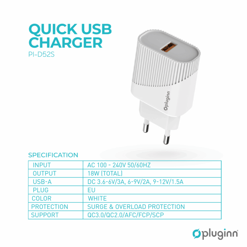 Kucni punjac Pluginn PI-D52S, QC3.0 18W sa micro USB kablom beli CE