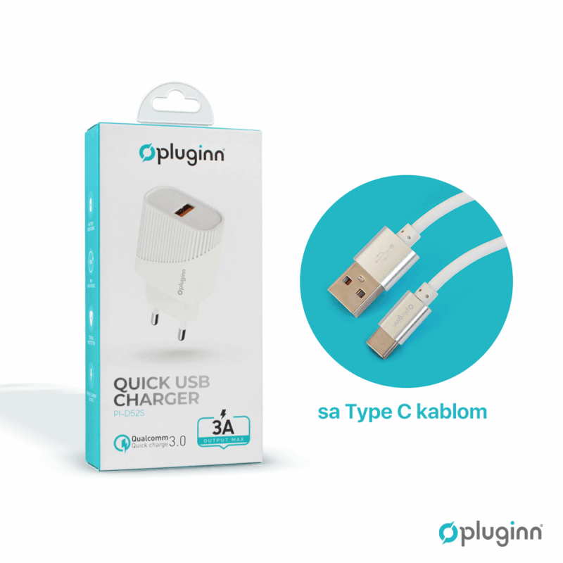 Kucni punjac Pluginn PI-D52S, QC3.0 18W sa Type C kablom beli CE