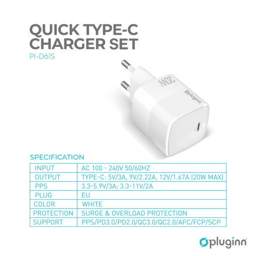 Kucni punjac Pluginn PI-D61S, PD3.0, PPS, 20W beli CE - Image 2