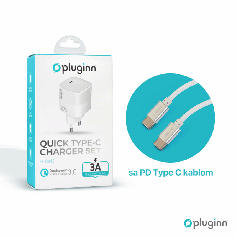 Kucni punjac Pluginn PI-D61S, PD3.0, PPS, 20W sa PD Type C kablom beli CE