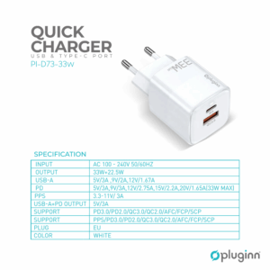 Kucni punjac Pluginn PI-D73-33w, GaN, QC3.0 PD3.0, PPS, USB-PD 20W+33W, 53W (total) beli CE