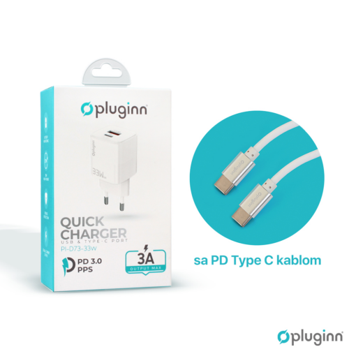 Kucni punjac Pluginn PI-D73-33w, GaN, QC3.0 PD3.0, PPS, USB-PD 20W+33W, 53W (total) sa PD Type C kablom beli CE - Image 3