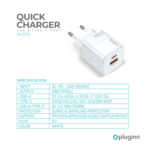 Kucni punjac Pluginn PI-D73, QC3.0 PD3.0, PPS, USB-PD 18W+20W, 38W (total) sa PD iPhone lightning kablom beli CE - Image 2