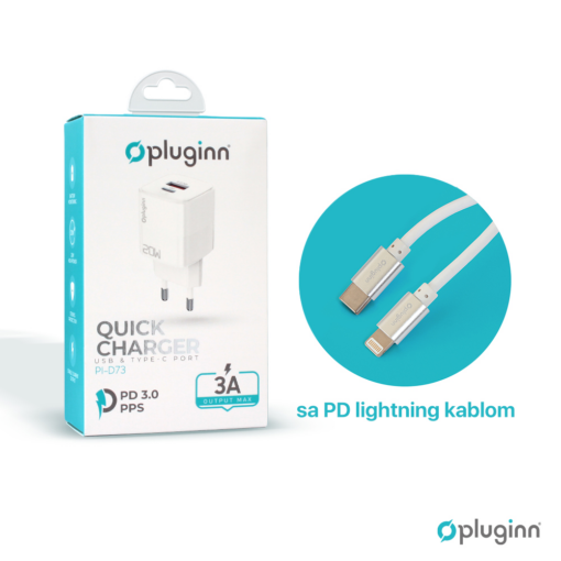 Kucni punjac Pluginn PI-D73, QC3.0 PD3.0, PPS, USB-PD 18W+20W, 38W (total) sa PD iPhone lightning kablom beli CE - Image 3
