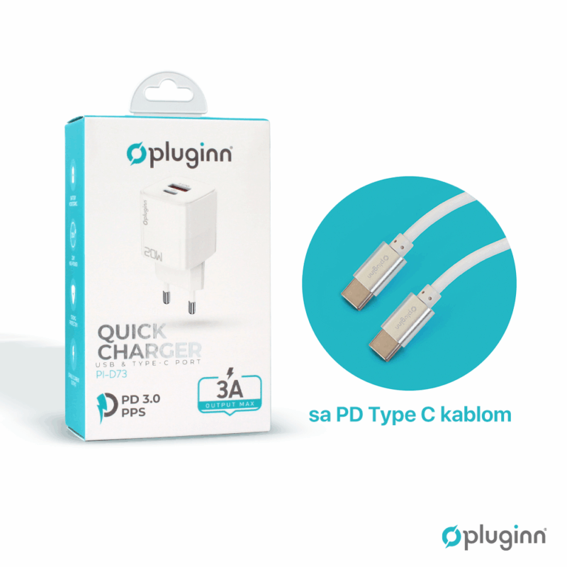 Kucni punjac Pluginn PI-D73, QC3.0 PD3.0, PPS, USB-PD 18W+20W, 38W (total) sa PD Type C kablom beli CE