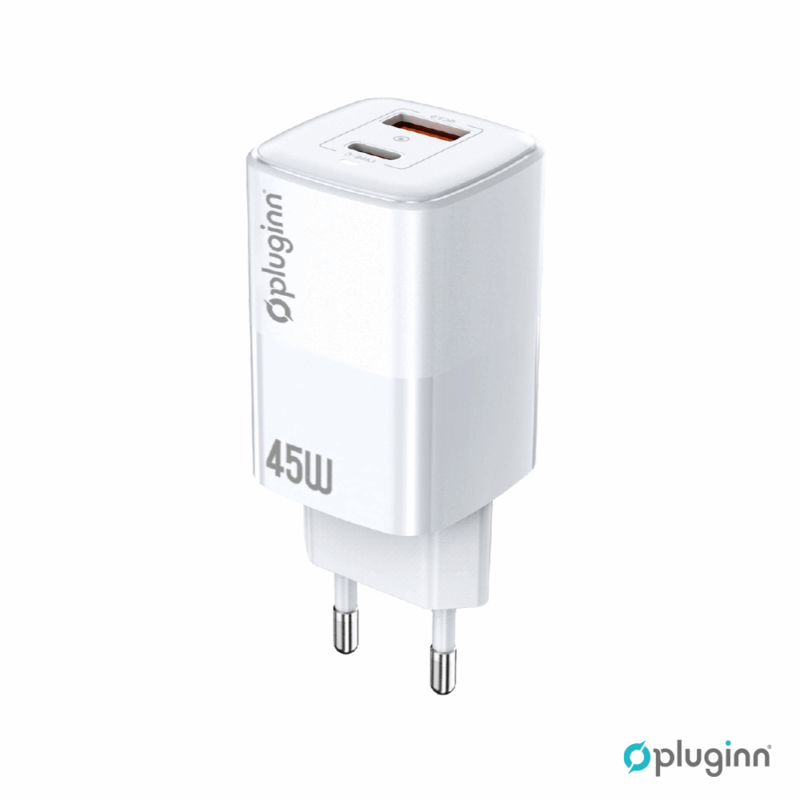 Kucni punjac Pluginn PI-D74-45w, GaN, QC3.0, PD3.0, PPS, USB 19W, PD 45W sa PD iPhone lightning kablom beli CE
