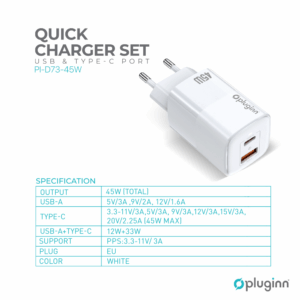 Kucni punjac Pluginn PI-D74-45w, GaN, QC3.0, PD3.0, PPS, USB 19W, PD 45W sa PD iPhone lightning kablom beli CE