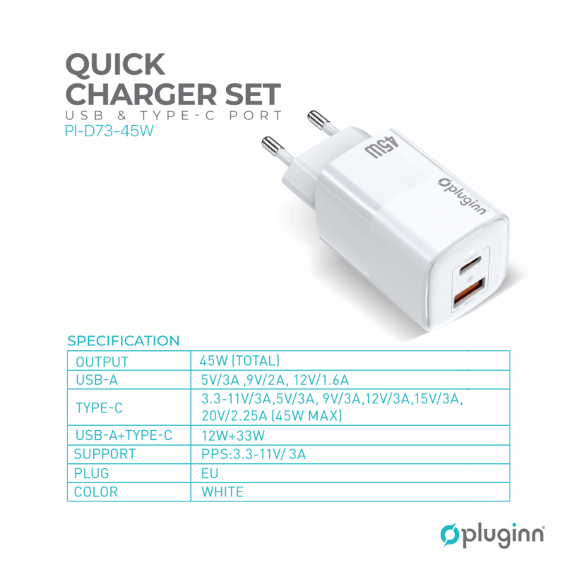 Kucni punjac Pluginn PI-D74-45w, GaN, QC3.0, PD3.0, PPS, USB 19W, PD 45W sa PD iPhone lightning kablom beli CE