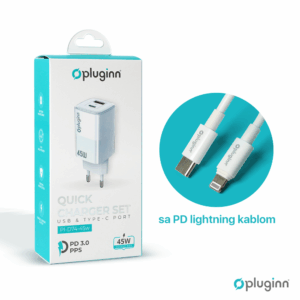 Kucni punjac Pluginn PI-D74-45w, GaN, QC3.0, PD3.0, PPS, USB 19W, PD 45W sa PD iPhone lightning kablom beli CE