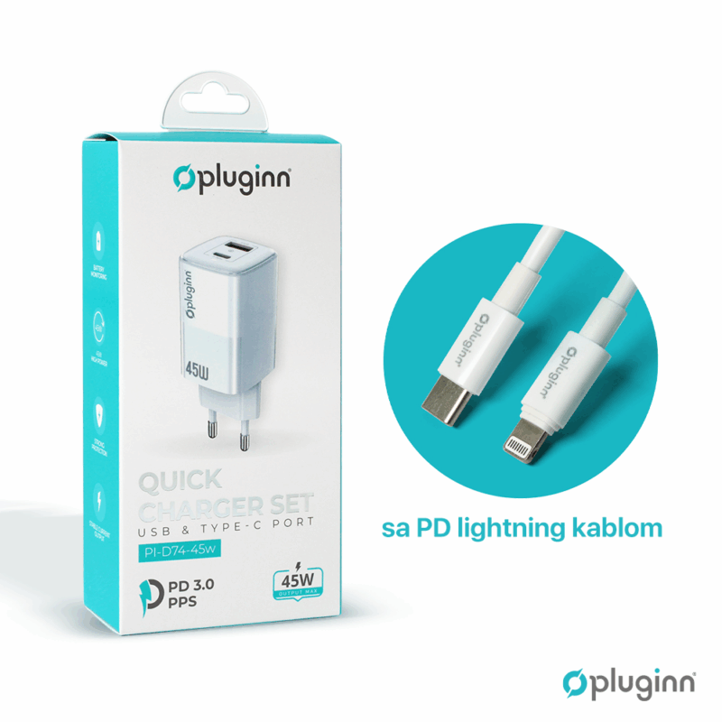 Kucni punjac Pluginn PI-D74-45w, GaN, QC3.0, PD3.0, PPS, USB 19W, PD 45W sa PD iPhone lightning kablom beli CE