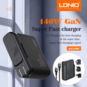 Kucni punjac sa adapterima LDNIO A6140C GaN PPS 3xQC3.0 (30W), 3xPD3.0 (100W), 140W Max, a Type C na Type C kablom crni
