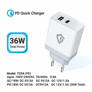 Kucni punjac Teracell Evolution TC-04, QC PD, USB-PD 18W+18W, 36W (total) sa Type C kablom beli CE