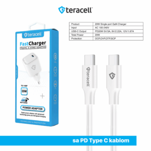 Kucni punjac Teracell Evolution TC-14GP, GaN, PD 3.0, 20W sa PD Type c kablom beli CE