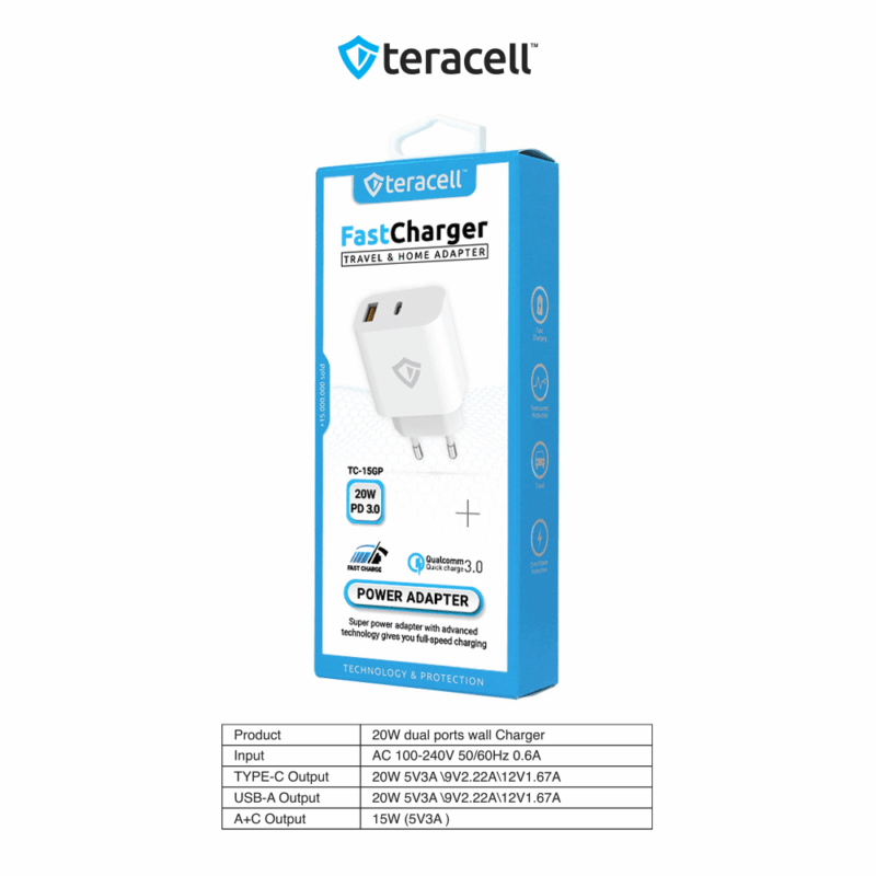 Kucni punjac Teracell Evolution TC-15GP, QC 3.0, PD 3.0, 20W beli CE