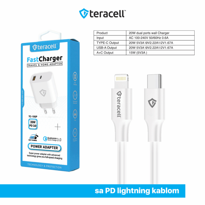 Kucni punjac Teracell Evolution TC-15GP, QC 3.0, PD 3.0, 20W sa PD iPhone lightning kablom beli CE
