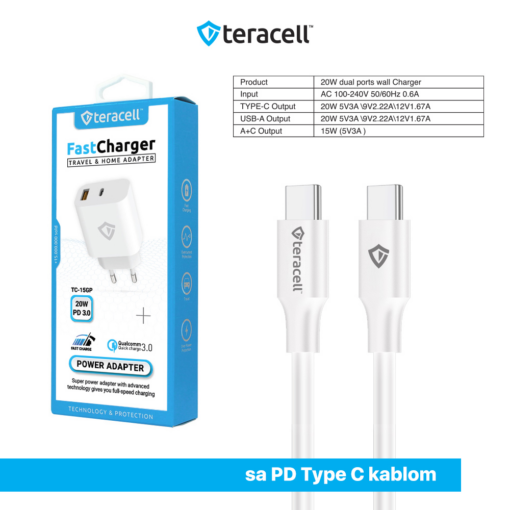 Kucni punjac Teracell Evolution TC-15GP, QC 3.0, PD 3.0, 20W sa PD Type c kablom beli CE - Image 4