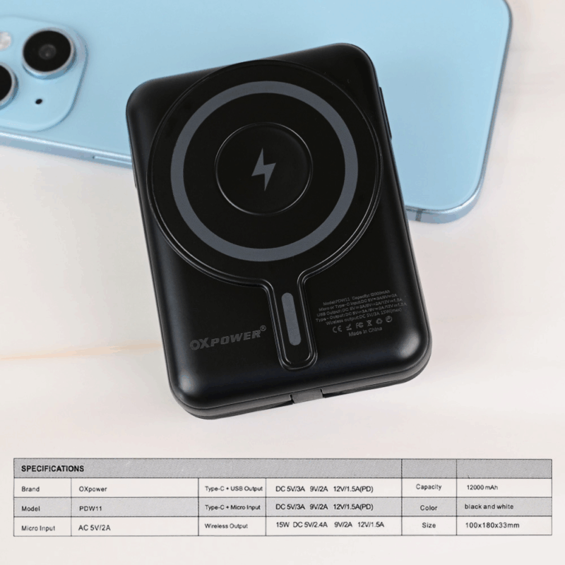 Power bank prenosiva baterija Oxpower PDW11 PD QC 22.5W 12000 mAh crna