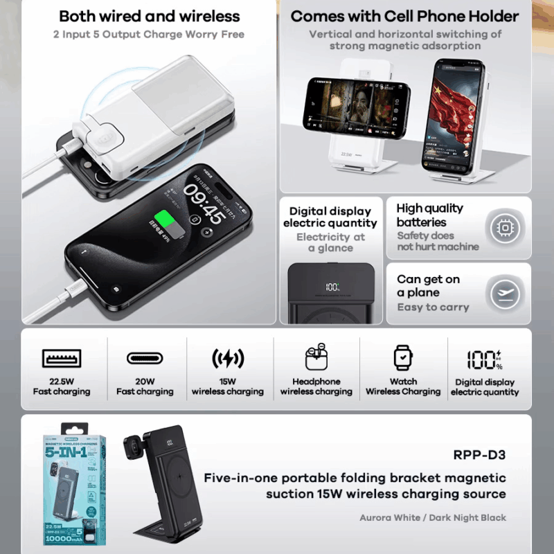 Power bank prenosiva baterija REMAX RPP-D3  20W+22.5W Fast Charging 10000mAh Magnetic 5u1 crni