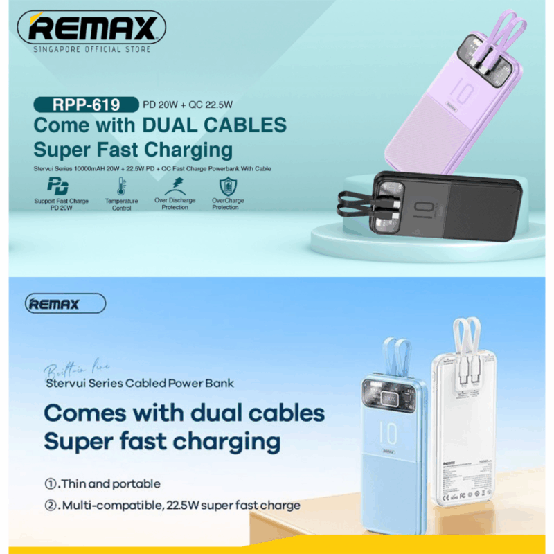Power bank prenosiva baterija REMAX Stervui Series RPP-619 PD 20W+ QC 22.5W 10000mAh plavi