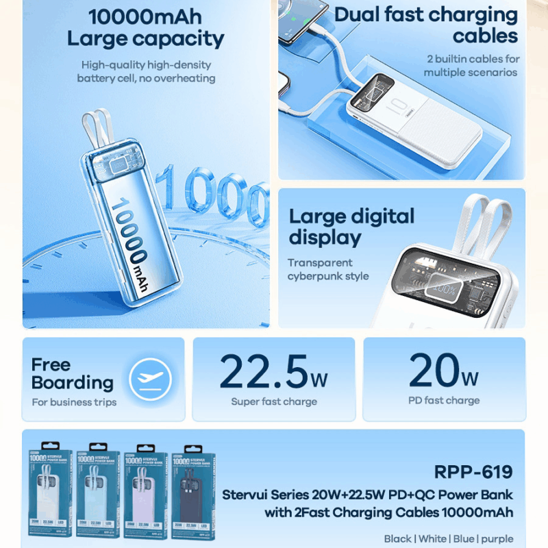 Power bank prenosiva baterija REMAX Stervui Series RPP-619 PD 20W+ QC 22.5W 10000mAh plavi
