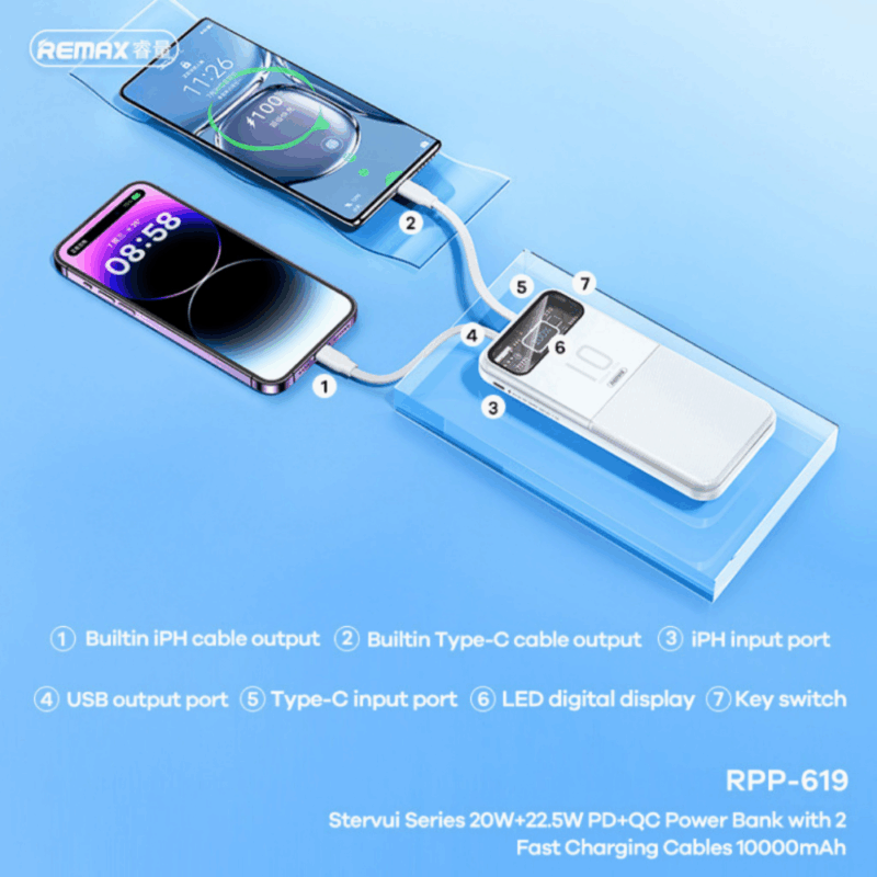Power bank prenosiva baterija REMAX Stervui Series RPP-619 PD 20W+ QC 22.5W 10000mAh plavi