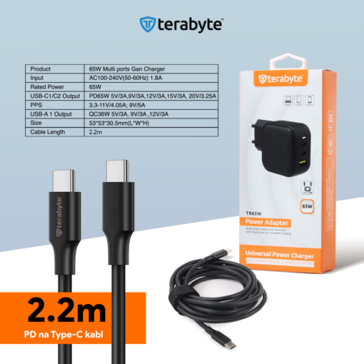 Punjac univerzalni Terabyte TR65W, GaN, PPS, PD 3.0, QC 3.0, 65W crni CE - Image 5