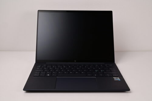 Front view of open HP Elite Dragonfly G3 with black screen